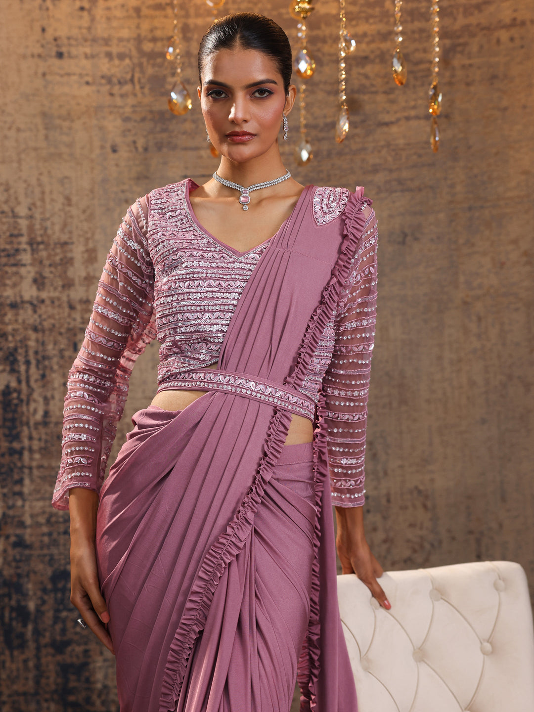 Peach Printed Nylon Ready to Wear Saree