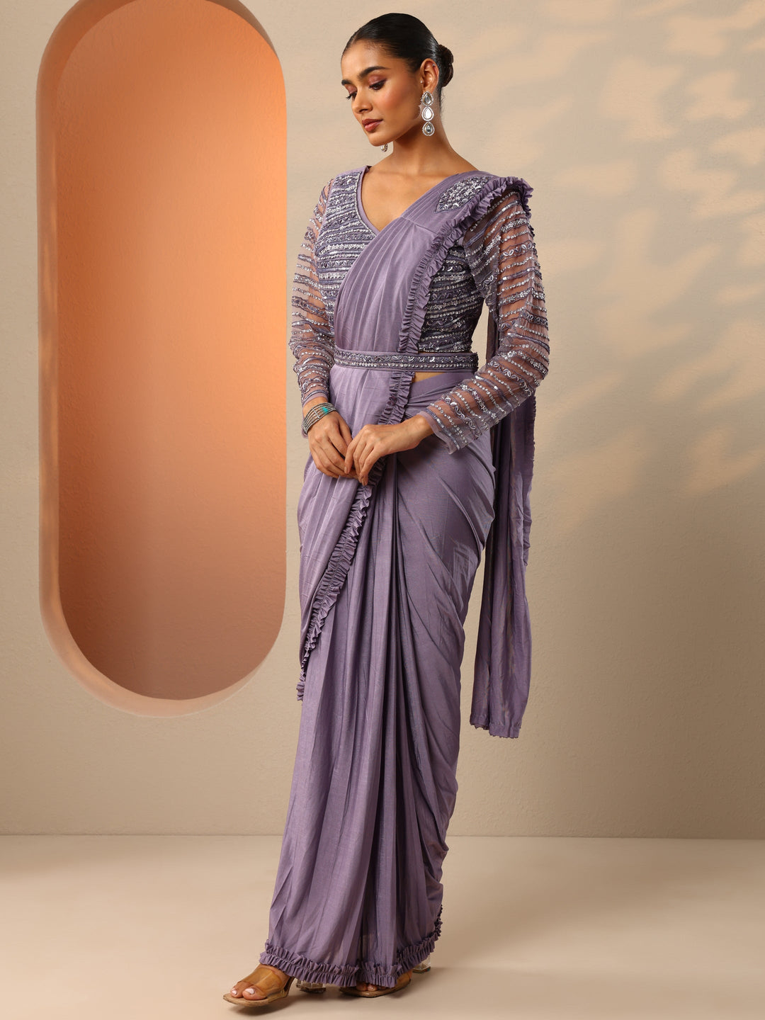 Lavender Solid Nylon Saree With Unstitched Blouse Piece