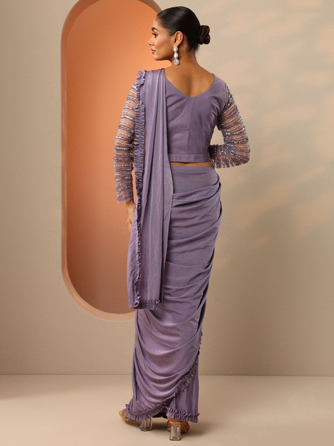 Lavender Solid Nylon Saree With Unstitched Blouse Piece
