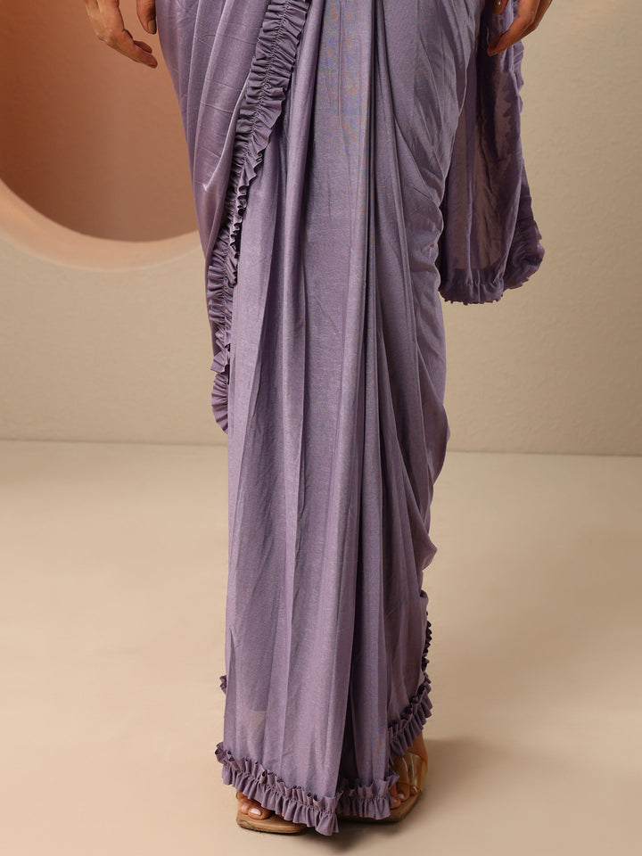Lavender Solid Nylon Saree With Unstitched Blouse Piece