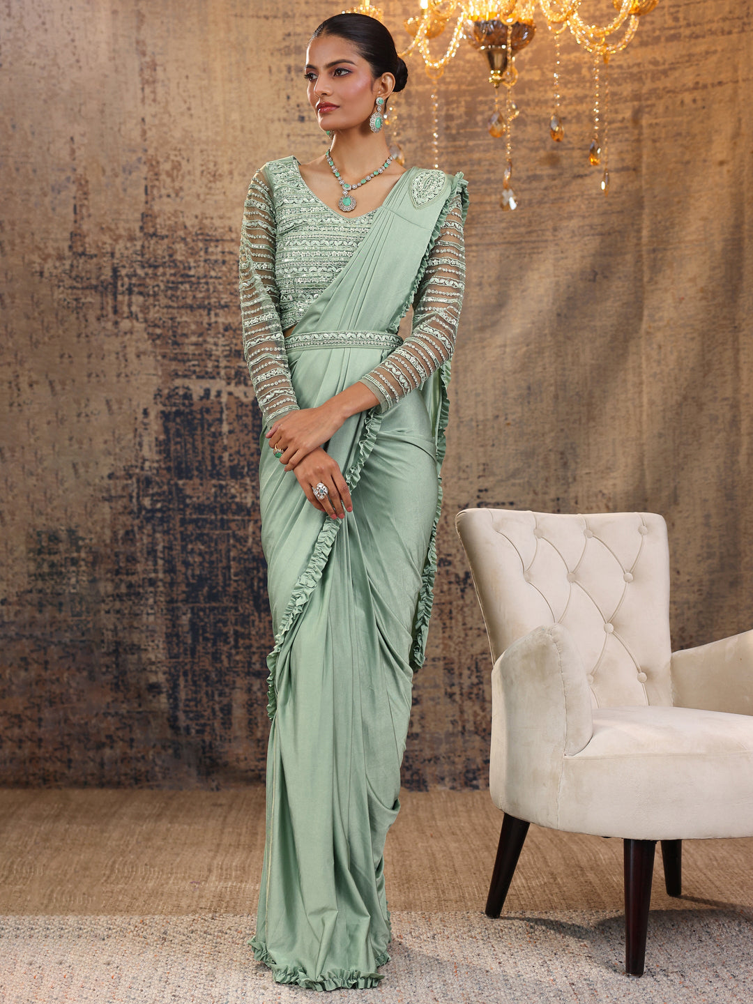 Libas Art Green Solid Nylon Ready to Wear Saree