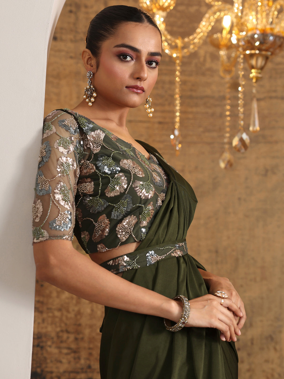 Green Solid Nylon Ready to Wear Saree