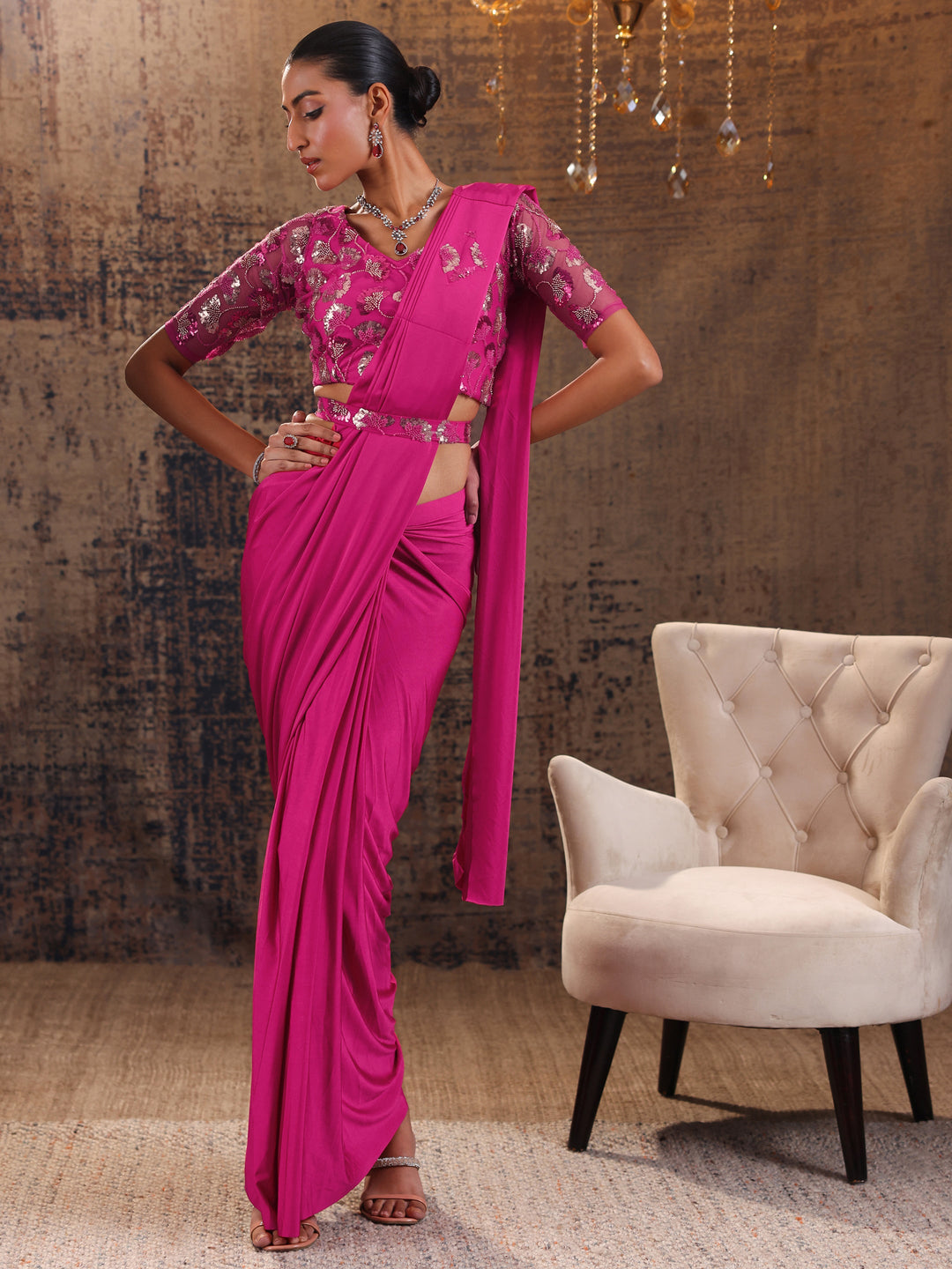 Libas Art Pink Solid Nylon Ready to Wear Saree