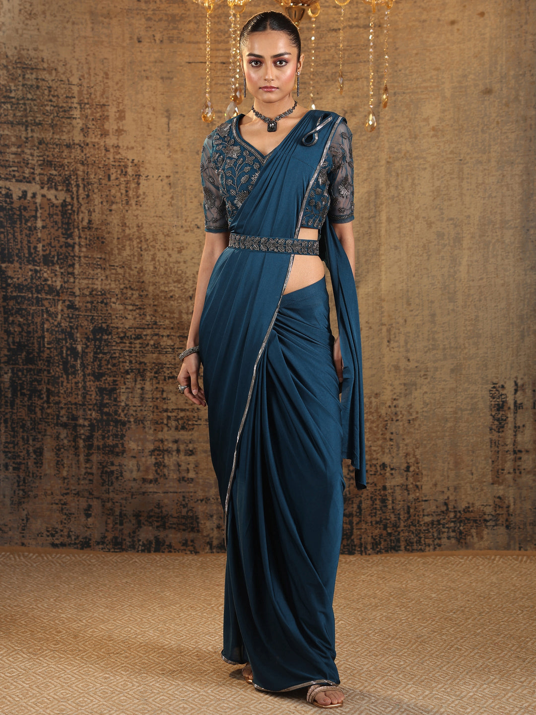 Libas Art Navy Blue Solid Nylon Ready to Wear Saree
