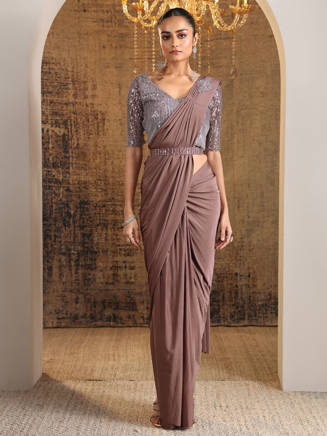 Libas Art Taupe Solid Nylon Ready to Wear Saree