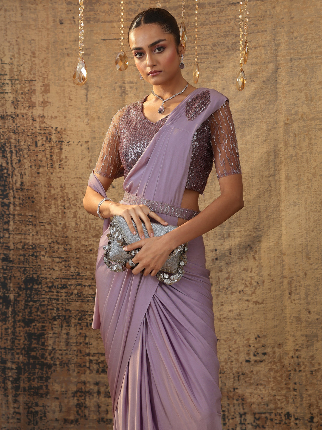 Libas Art Lavender Solid Nylon Ready to Wear Saree