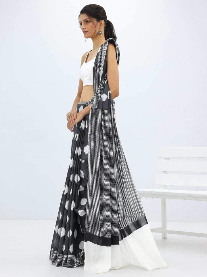 Black Printed Cotton Saree With Unstitched Blouse Piece