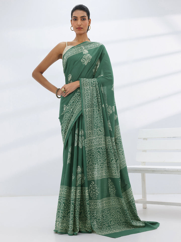 Green Printed Cotton Saree With Unstitched Blouse Piece