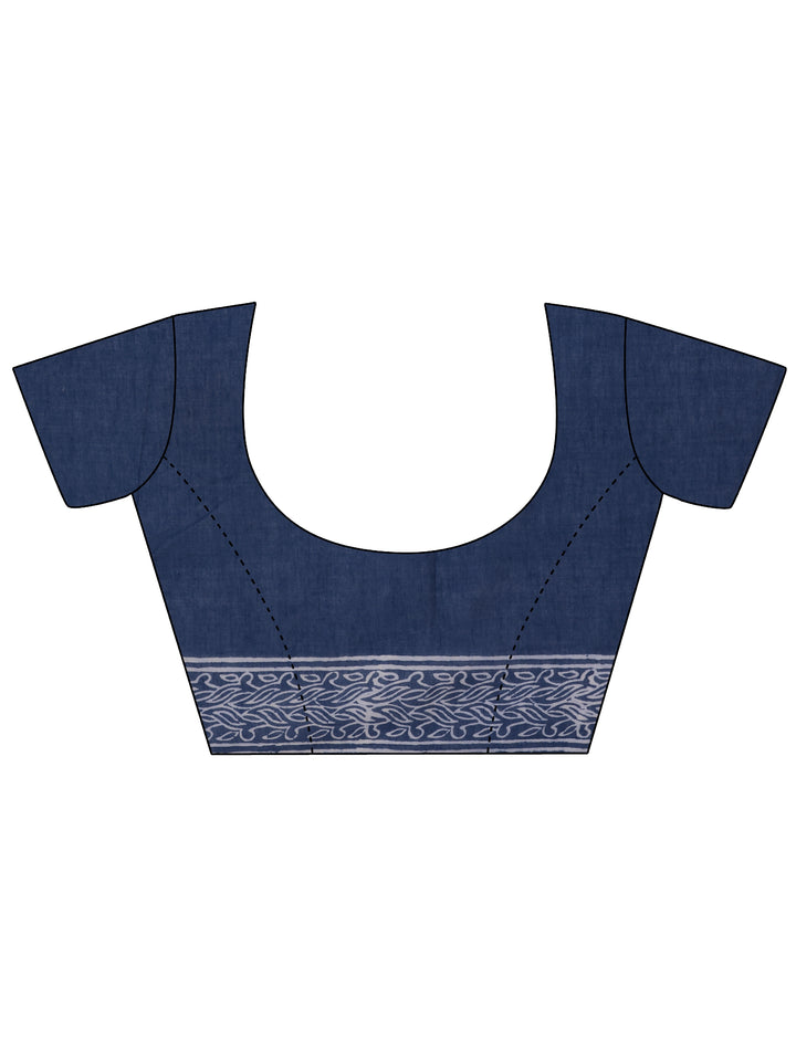 Blue Printed Cotton Saree With Unstitched Blouse Piece