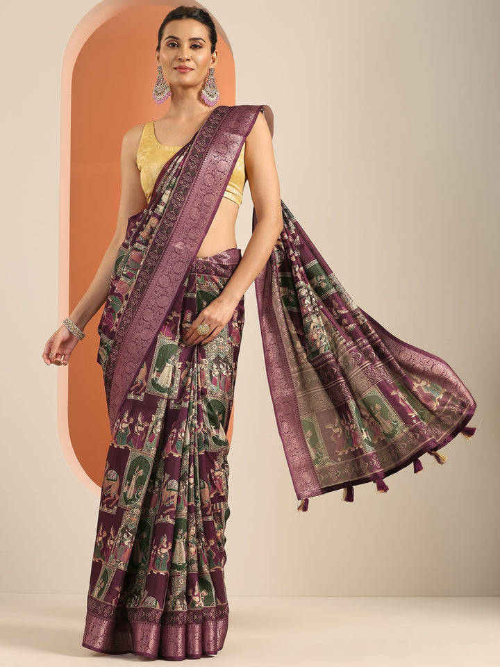 Burgundy Printed Silk Blend Saree With Unstitched Blouse Piece
