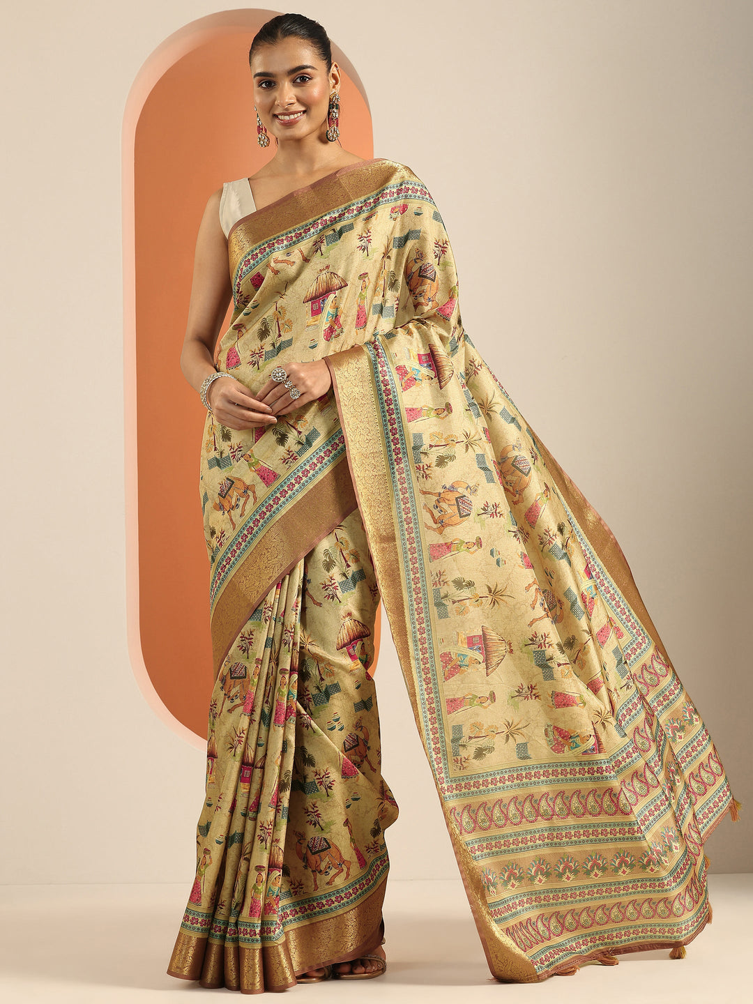 Beige Printed Silk Blend Saree With Unstitched Blouse Piece
