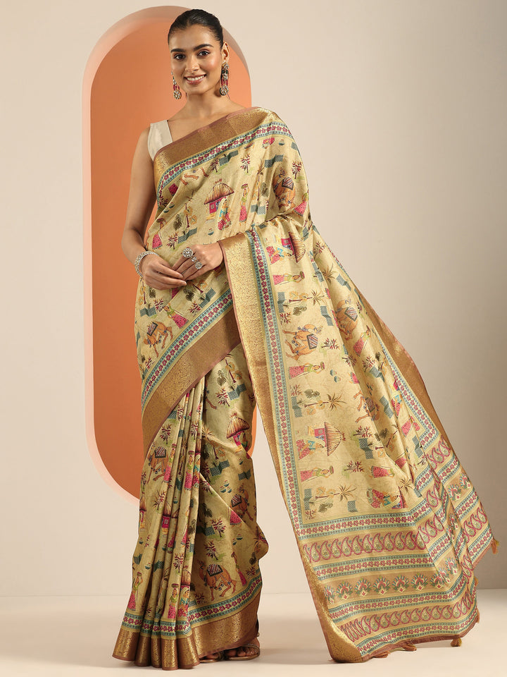Beige Printed Silk Blend Saree With Unstitched Blouse Piece