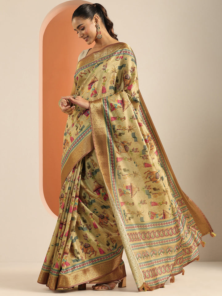 Beige Printed Silk Blend Saree With Unstitched Blouse Piece