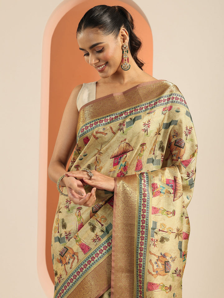 Beige Printed Silk Blend Saree With Unstitched Blouse Piece