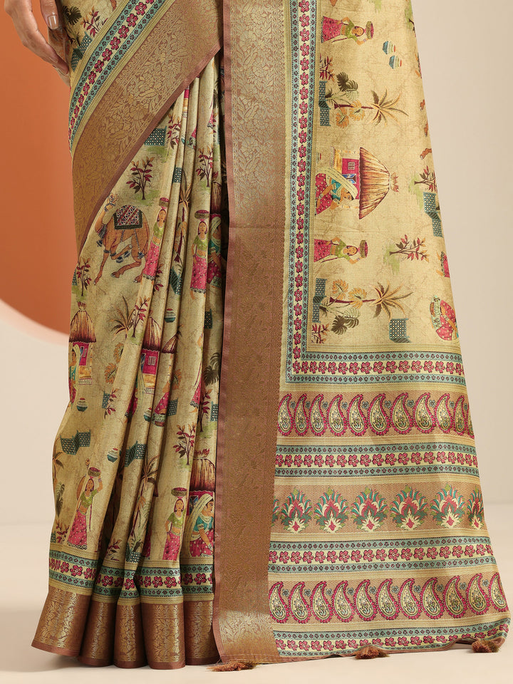 Beige Printed Silk Blend Saree With Unstitched Blouse Piece