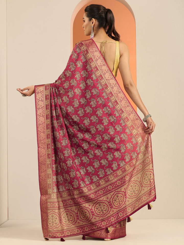 Red Printed Silk Blend Saree With Unstitched Blouse Piece