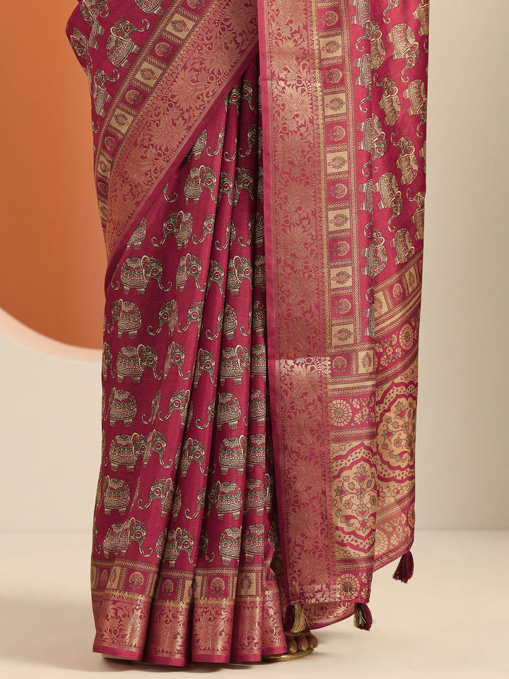 Red Printed Silk Blend Saree With Unstitched Blouse Piece