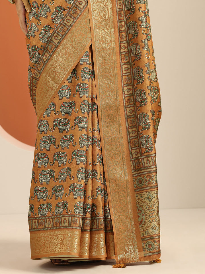 Mustard Printed Silk Blend Saree With Unstitched Blouse Piece