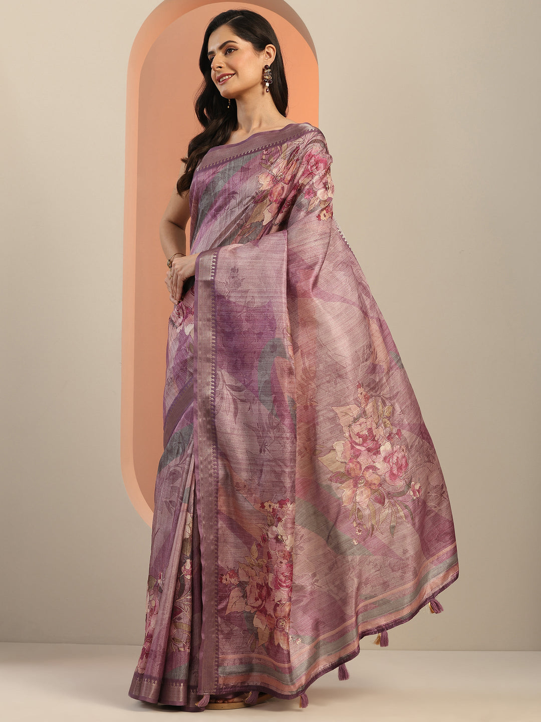 Mauve Printed Silk Blend Saree With Unstitched Blouse Piece