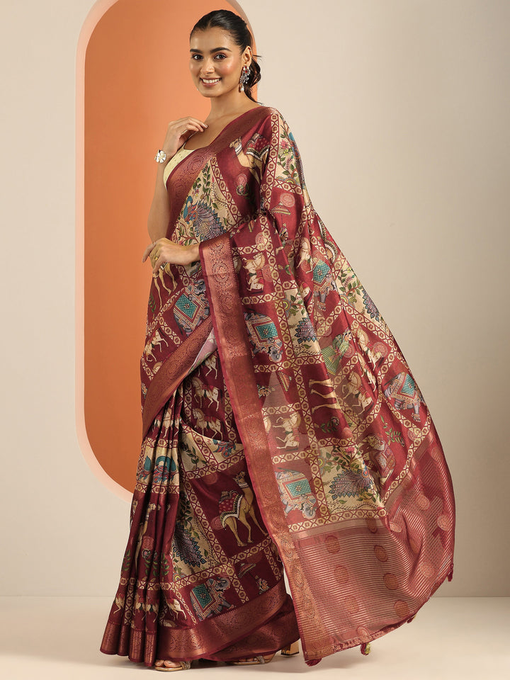 Red Printed Silk Blend Saree With Unstitched Blouse Piece