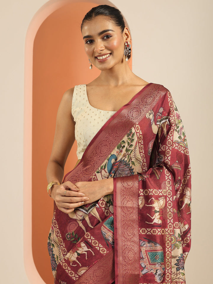 Red Printed Silk Blend Saree With Unstitched Blouse Piece