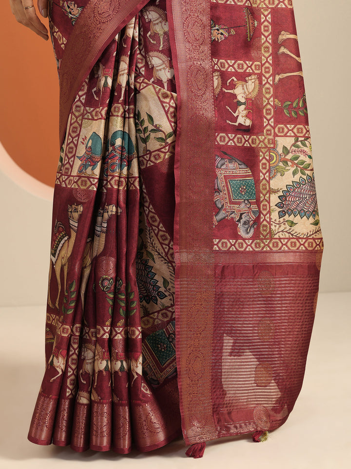Red Printed Silk Blend Saree With Unstitched Blouse Piece