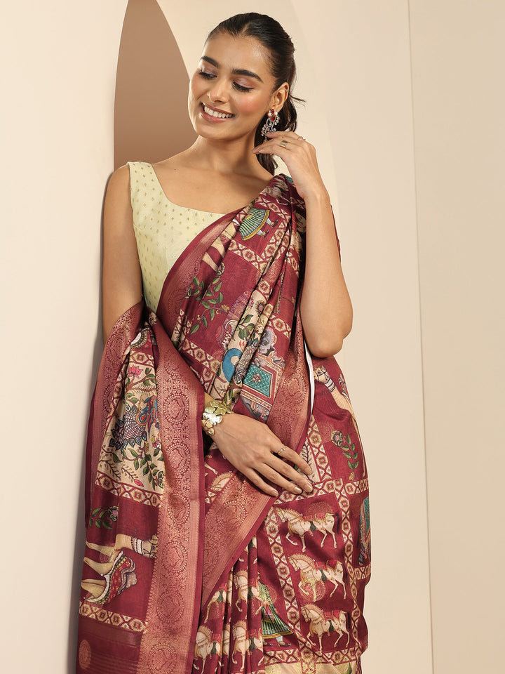 Red Printed Silk Blend Saree With Unstitched Blouse Piece
