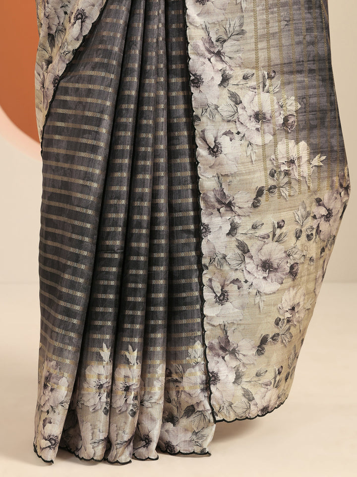Grey Printed Silk Blend Saree With Unstitched Blouse Piece