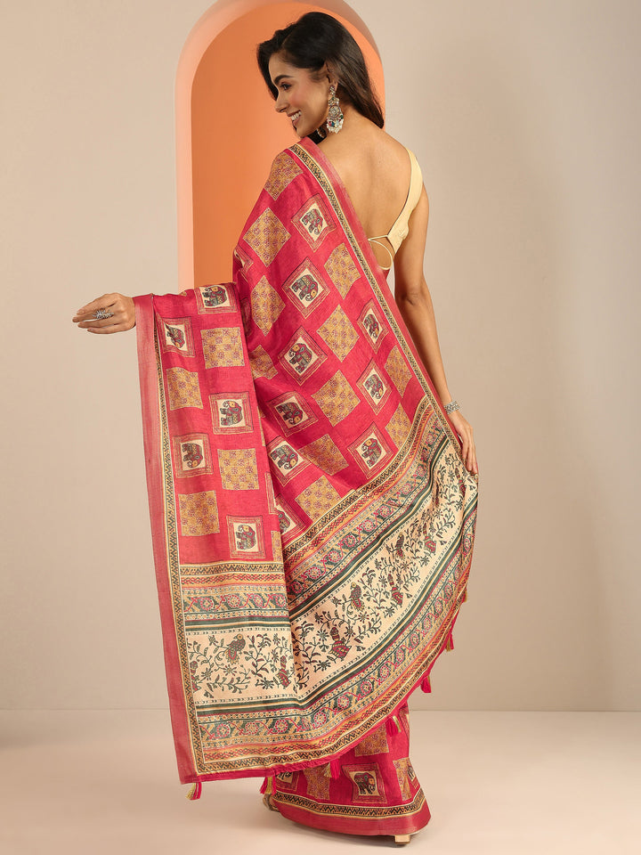 Red Printed Silk Blend Saree With Unstitched Blouse Piece