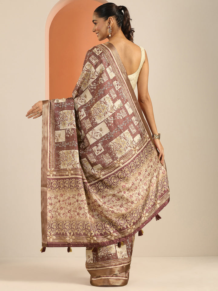 Taupe Printed Silk Blend Saree With Unstitched Blouse Piece