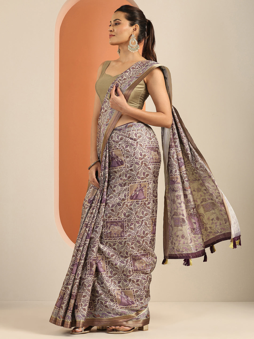 Mauve Printed Silk Blend Saree With Unstitched Blouse Piece