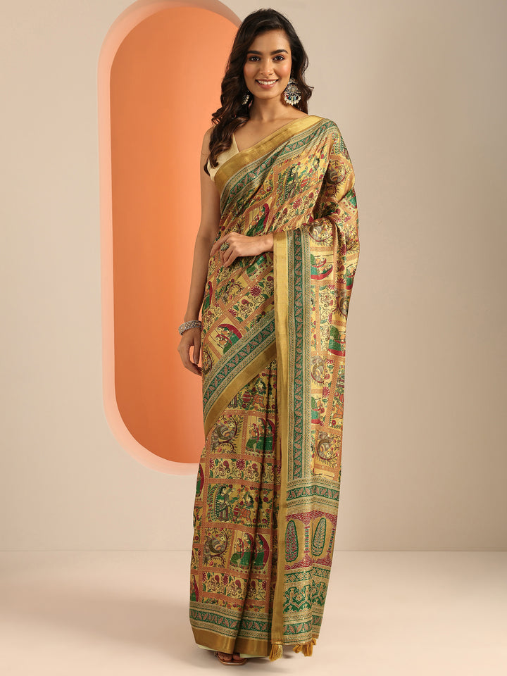 Mustard Printed Silk Blend Saree With Unstitched Blouse Piece