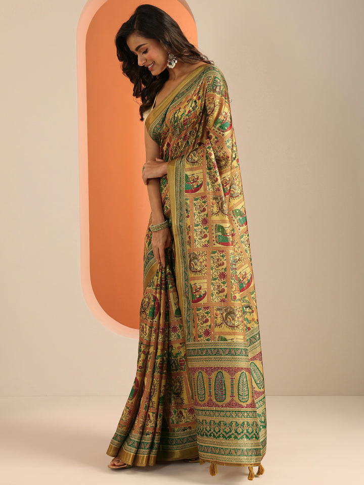 Mustard Printed Silk Blend Saree With Unstitched Blouse Piece