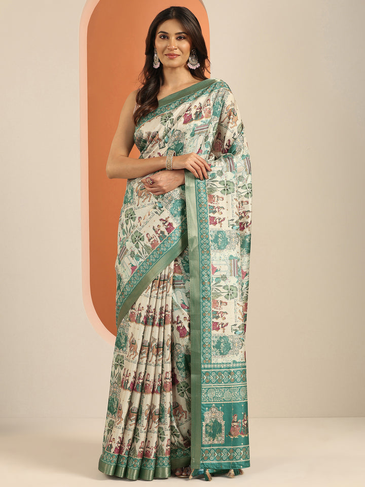 Blue Printed Silk Blend Saree With Unstitched Blouse Piece
