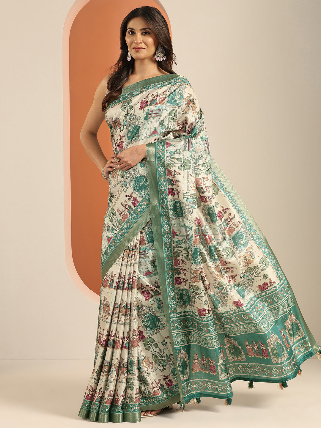 Blue Printed Silk Blend Saree With Unstitched Blouse Piece
