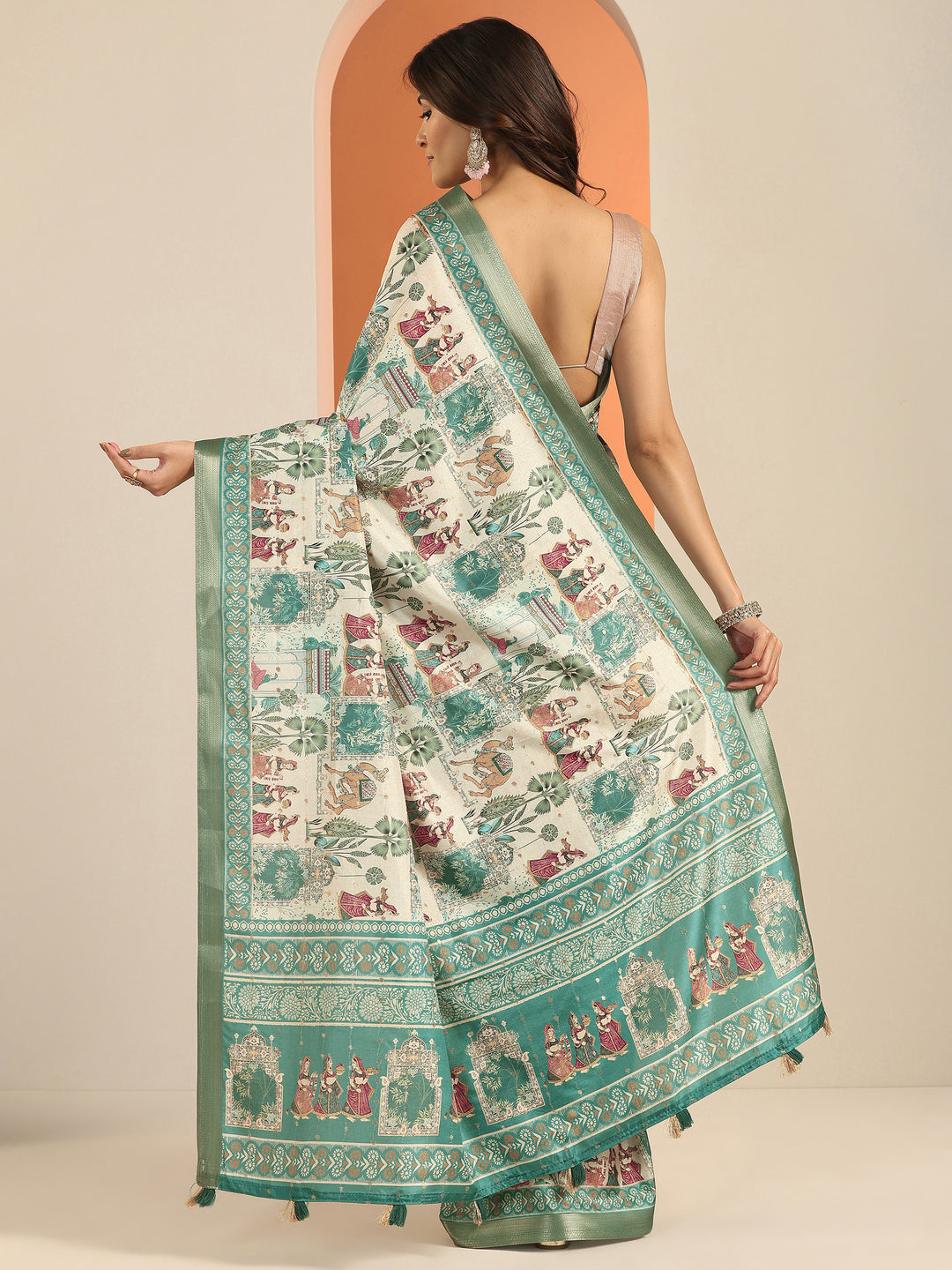 Blue Printed Silk Blend Saree With Unstitched Blouse Piece