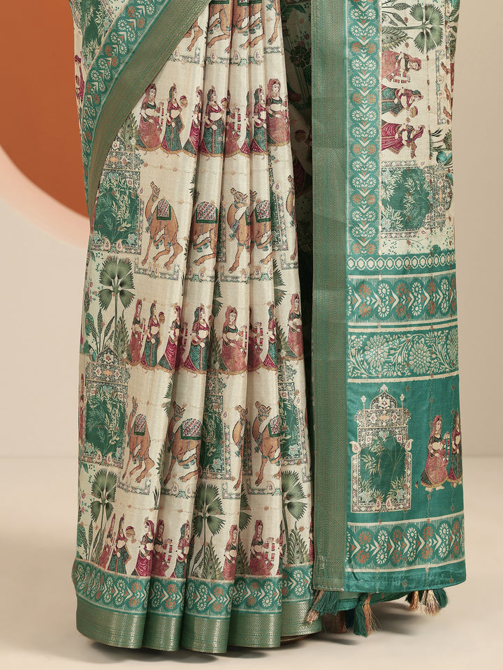 Blue Printed Silk Blend Saree With Unstitched Blouse Piece