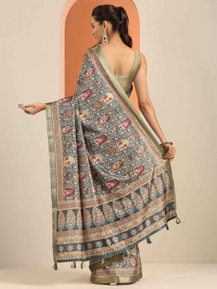 Blue Printed Silk Blend Saree With Unstitched Blouse Piece