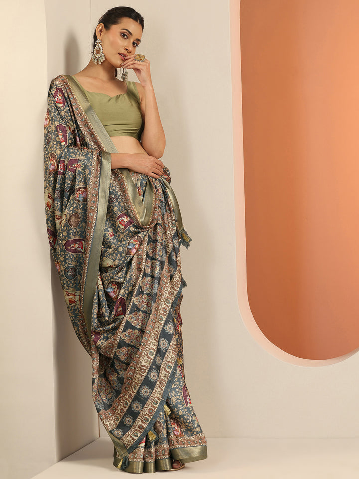Blue Printed Silk Blend Saree With Unstitched Blouse Piece