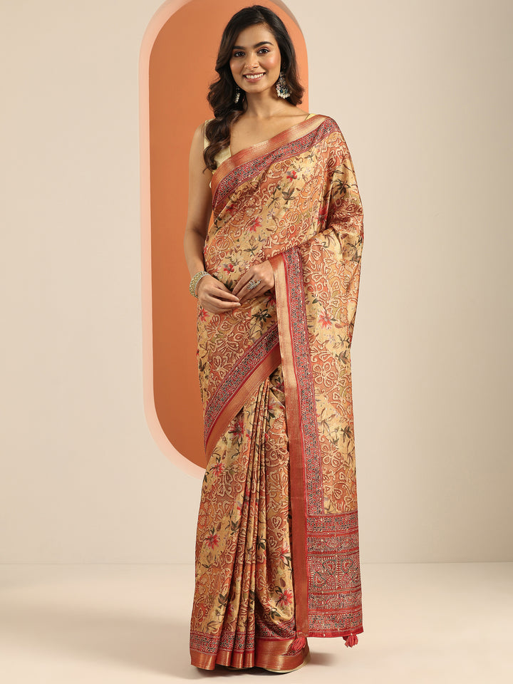 Orange Printed Silk Blend Saree With Unstitched Blouse Piece