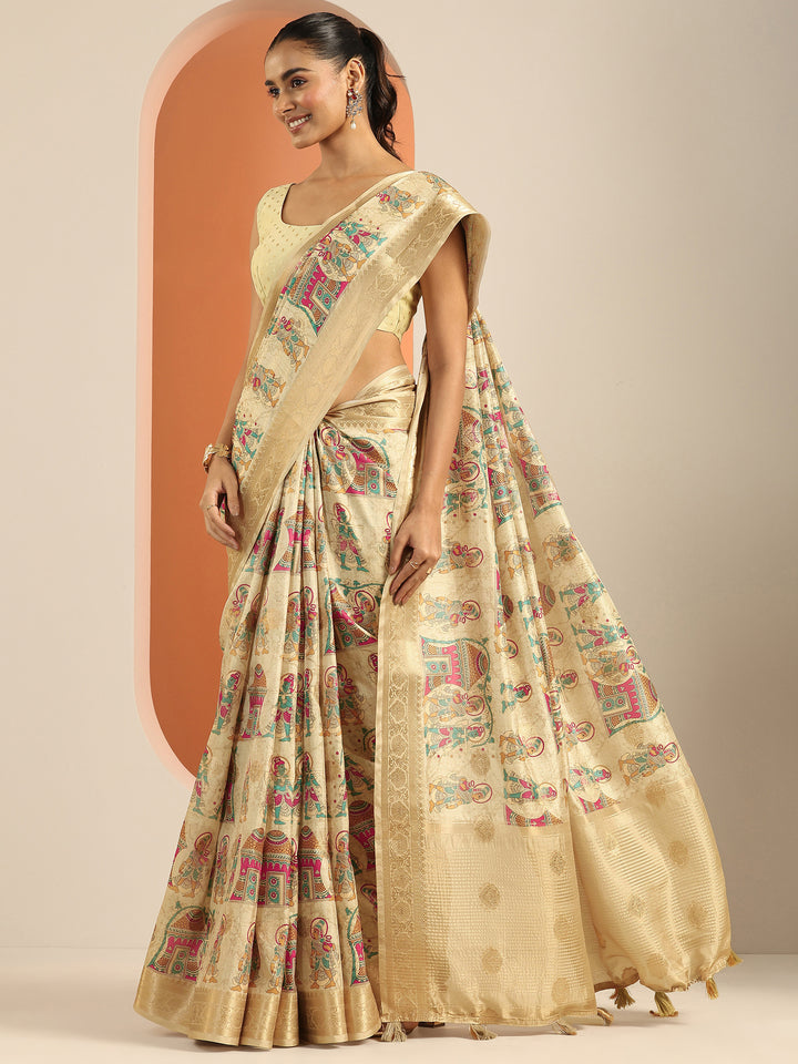 Beige Printed Silk Blend Saree With Unstitched Blouse Piece