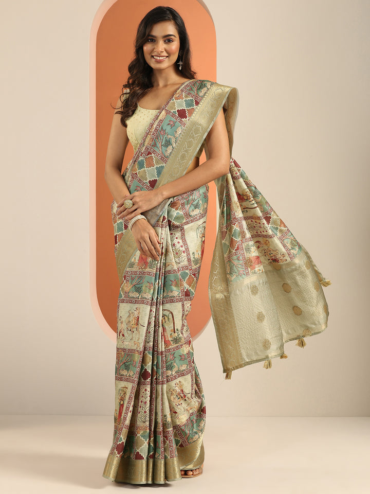 Multi Printed Silk Blend Saree With Unstitched Blouse Piece