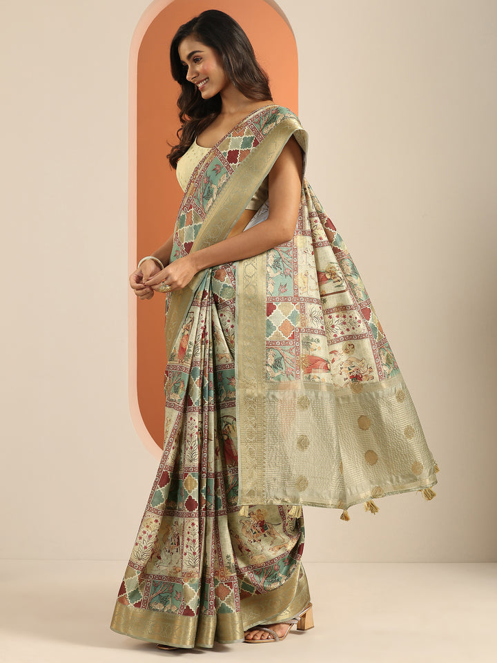 Multi Printed Silk Blend Saree With Unstitched Blouse Piece