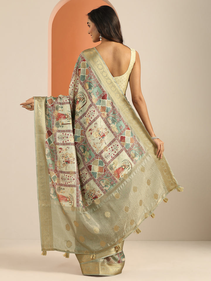 Multi Printed Silk Blend Saree With Unstitched Blouse Piece