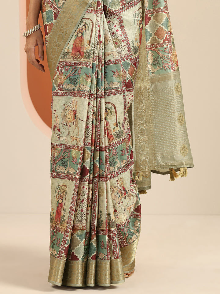 Multi Printed Silk Blend Saree With Unstitched Blouse Piece