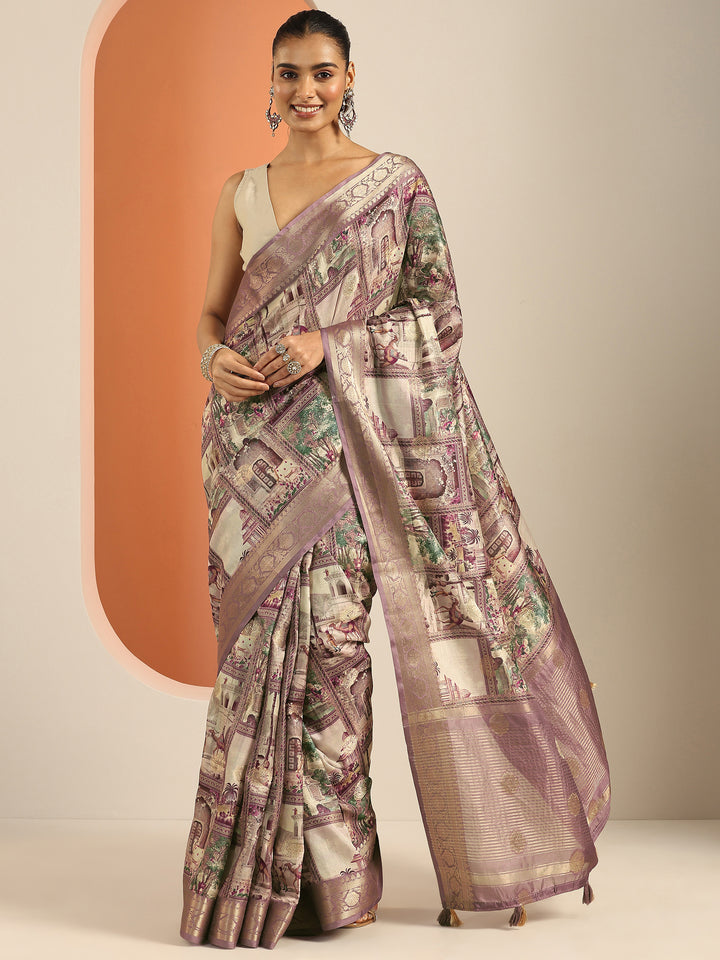 Lavender Printed Silk Blend Saree With Unstitched Blouse Piece