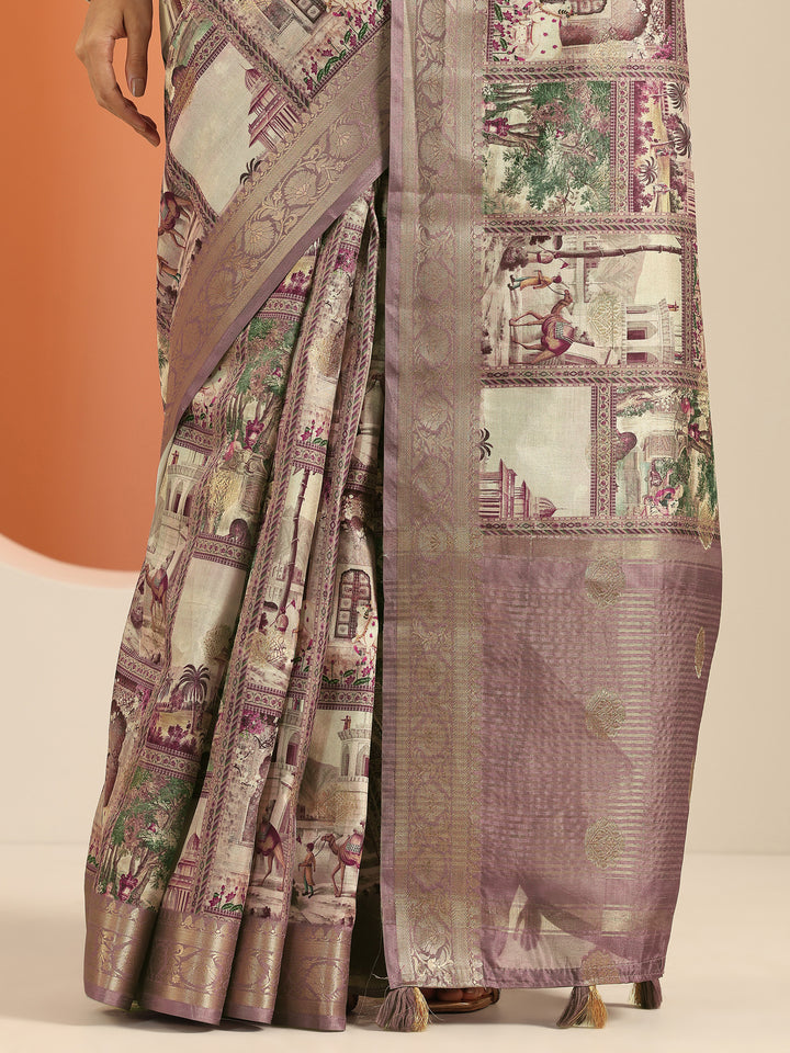 Lavender Printed Silk Blend Saree With Unstitched Blouse Piece
