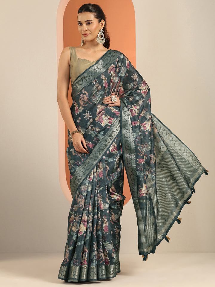 Navy blue Printed Silk Blend Saree With Unstitched Blouse Piece