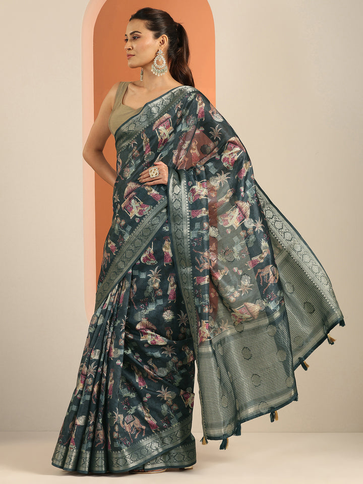 Navy blue Printed Silk Blend Saree With Unstitched Blouse Piece