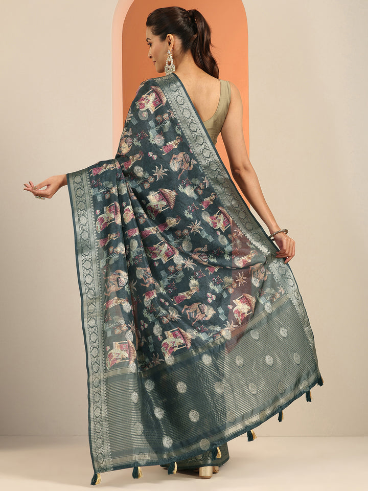 Navy blue Printed Silk Blend Saree With Unstitched Blouse Piece